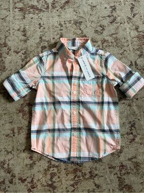 Janie and Jack Peach and Aqua Plaid Button-Up Shirt